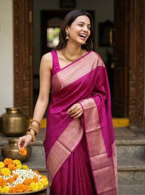 Kanjivaram Silk Magenta Pink Zari Woven Traditional Saree