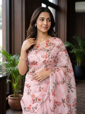 Organza Baby Pink Red Floral Print Striped Pallu Zari Embroidered Tassels Saree