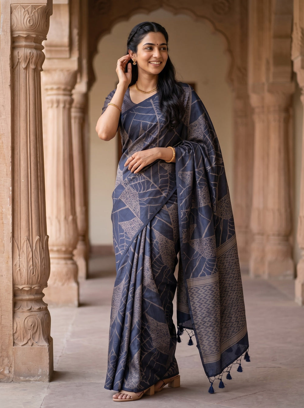 Semi Silk Navy Blue Self-Tone Geometric Print Saree with Tassels