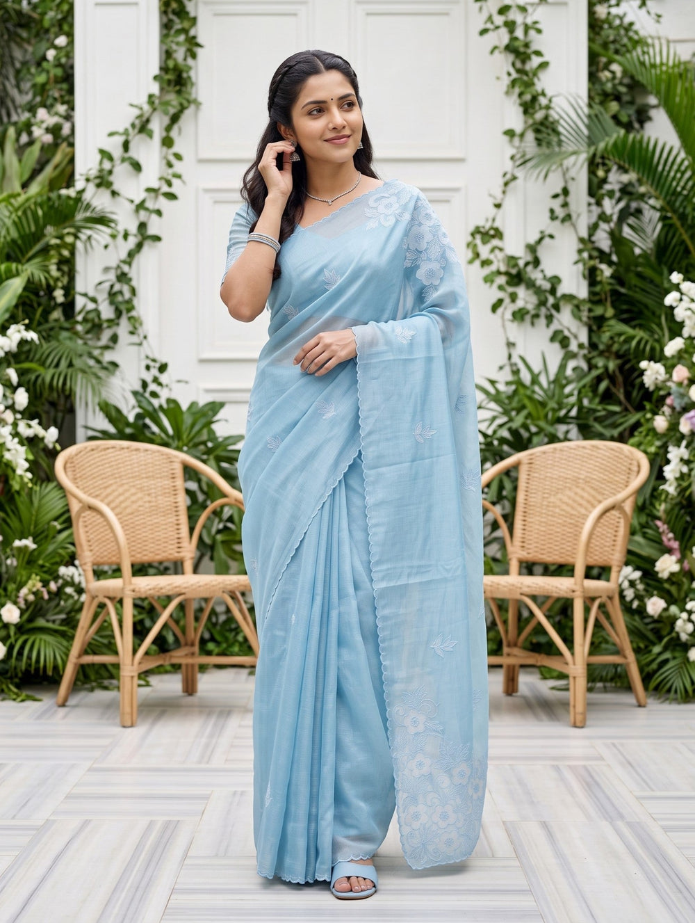 Organza Sky Blue Self-Tone Floral Embroidered Scalloped Border Saree