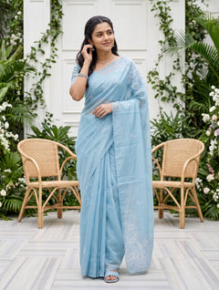 Organza Sky Blue Self-Tone Floral Embroidered Scalloped Border Saree