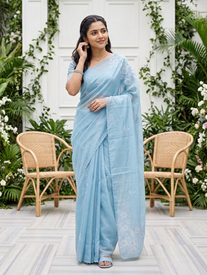 Organza Sky Blue Self-Tone Floral Embroidered Scalloped Border Saree
