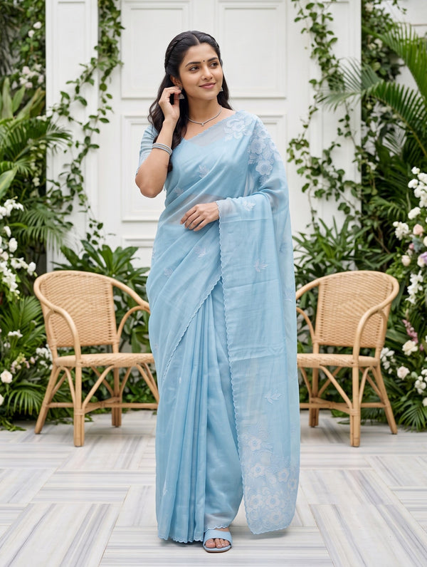 Organza Sky Blue Self-Tone Floral Embroidered Scalloped Border Saree