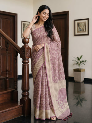 Net Kota Mauve-Beige Floral Vine Block Print Saree
