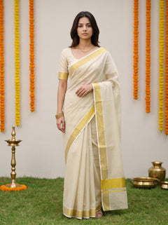 Tissue Cream Golden Fine Check Body Solid Zari Border Onam Festive Kerala Saree