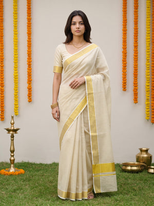 Tissue Cream Golden Fine Check Body Solid Zari Border Onam Festive Kerala Saree