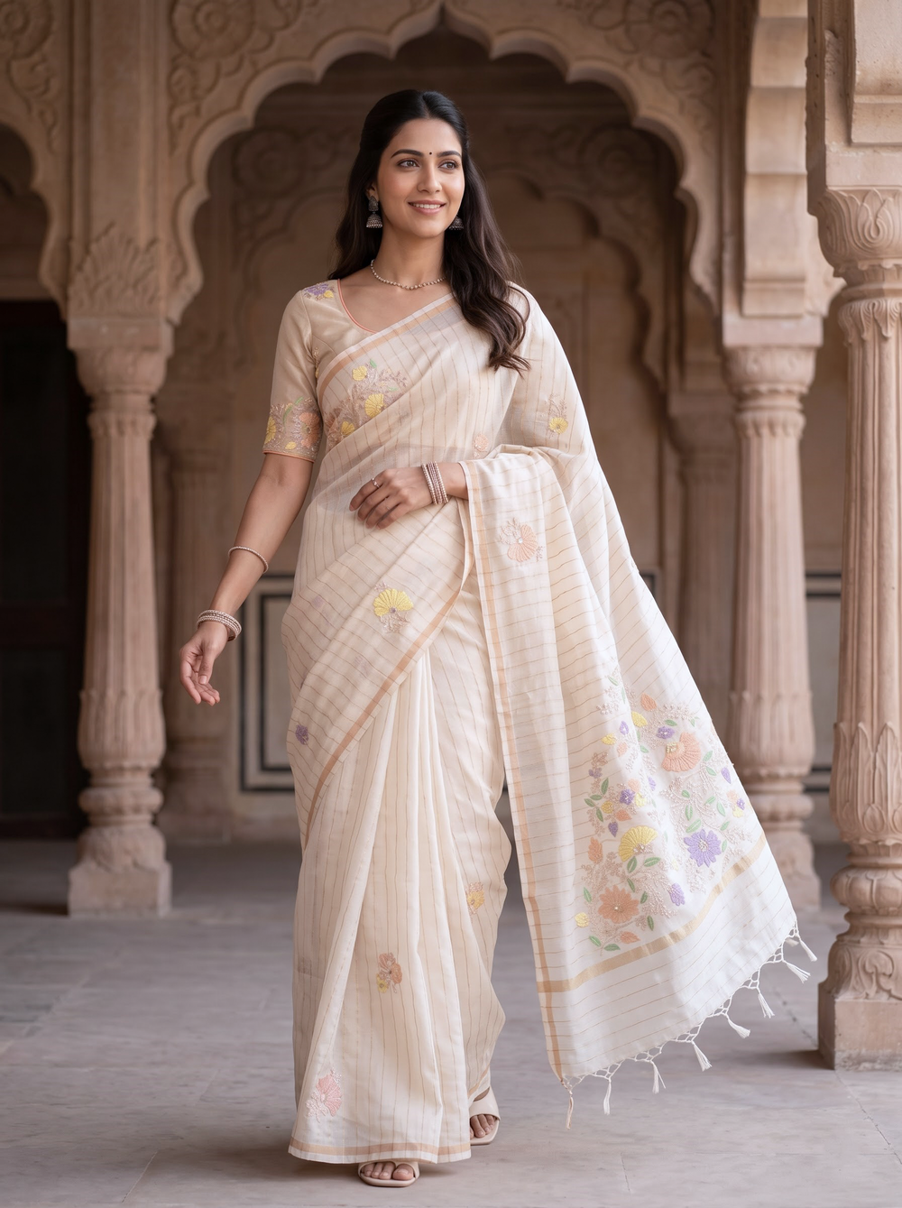 Pure Chanderi Off-White Saree with Embroidered Floral Pallu