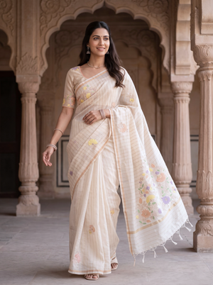 Pure Chanderi Off-White Saree with Embroidered Floral Pallu