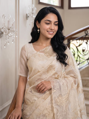 Turkish Organza Cream Golden Wave Brushstroke Embroidery All-Over Saree