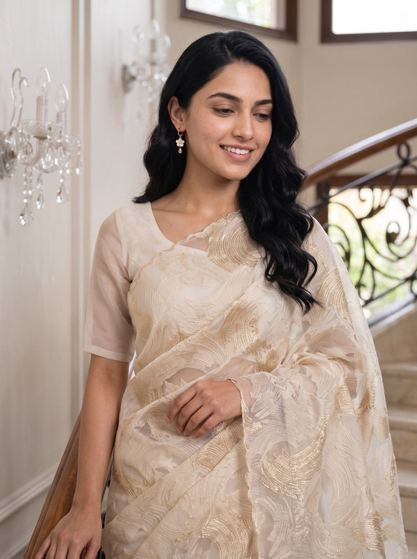 Turkish Organza Cream Golden Wave Brushstroke Embroidery All-Over Saree
