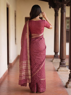 Semi Silk Maroon Saree with Golden Dotted Butta Border and Check Weave