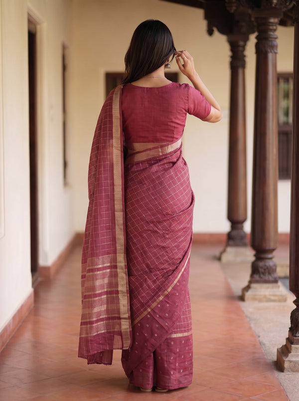 Semi Silk Maroon Saree with Golden Dotted Butta Border and Check Weave