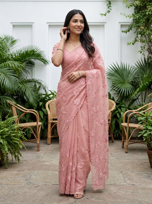 Chiffon Dusty Pink Floral Embroidered Saree