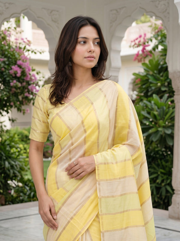 Chanderi Cotton Yellow Ombre Stripe Saree with Golden Zari Lines