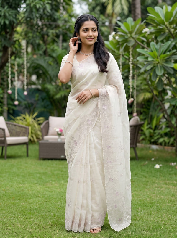 Organza Ivory Floral Leaf Embroidery  Saree