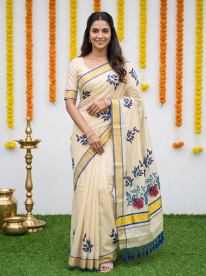 Tissue Silk Cream Kerala Saree with Red Hibiscus Print and Blue Border