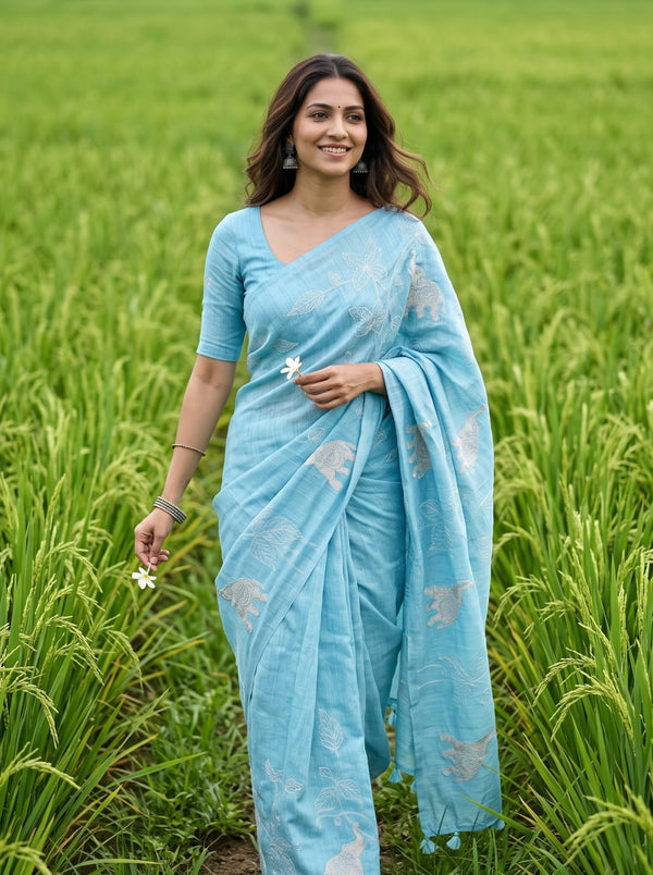 Linen Saree in Sea Green with Applique Elephant Motif Design