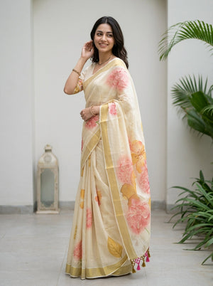 Tissue Cream Big Floral Watercolor Print Tassel Set Saree