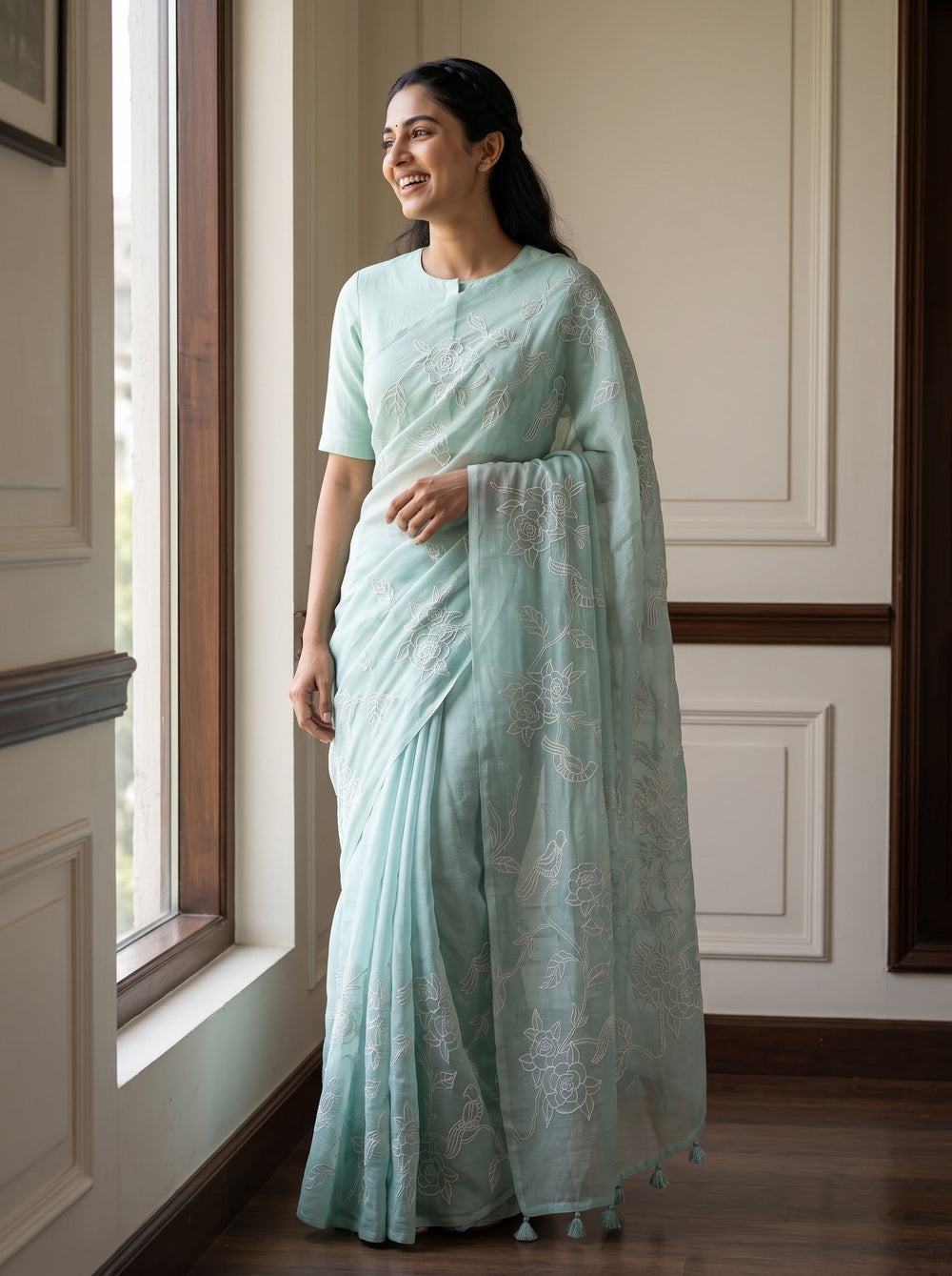 Organza Sky Blue Rose & Bird Embroidered Saree