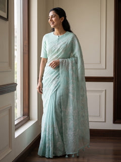 Organza Sky Blue Rose & Bird Embroidered Saree