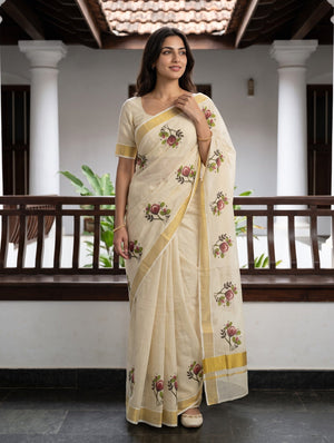 Tissue Cream Kerala Saree with Red Rose Print Pallu, Golden Zari Border