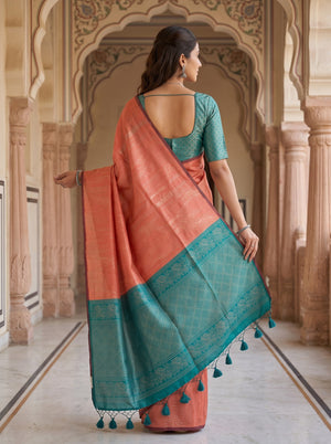 Semi Tussar Silk Coral Teal Floral Diamond Trellis Pallu Saree