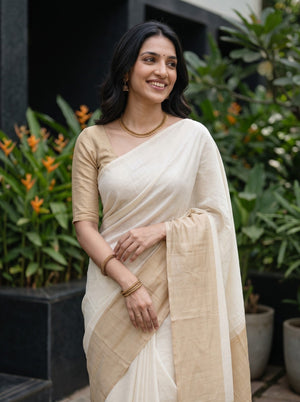 Cotton Cream Plain Body Broad Golden Tissue Zari Pallu Kasavu Border Crochet Tassel Kerala Saree