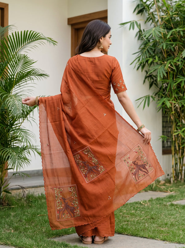 Chanderi Rust Deer Print Floral Embroidered Sequin Panel Pallu Saree