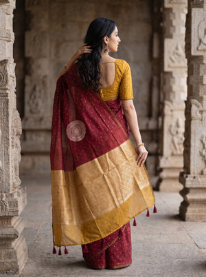 Cotton Silk Maroon Golden Polka Dot Mandala Mustard Brocade