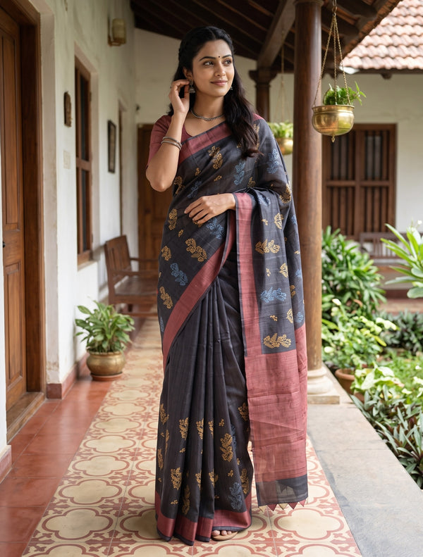 Tussar Silk Black and Maroon Saree with Triangle and Embroidered Border Pallu