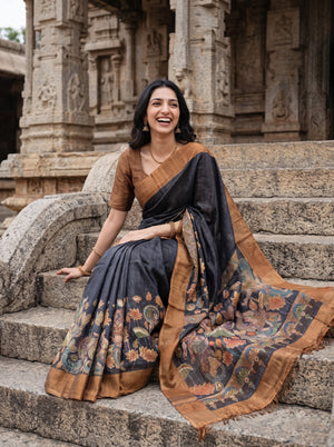 Tussar Silk Rust Brown and Black Kalamkari Saree with Embroidered Lotus Motif Pallu
