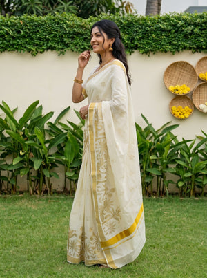 Tissue Cream Golden Lotus Butti Print Onam Special Kerala Saree with Coconut Palm Pallu