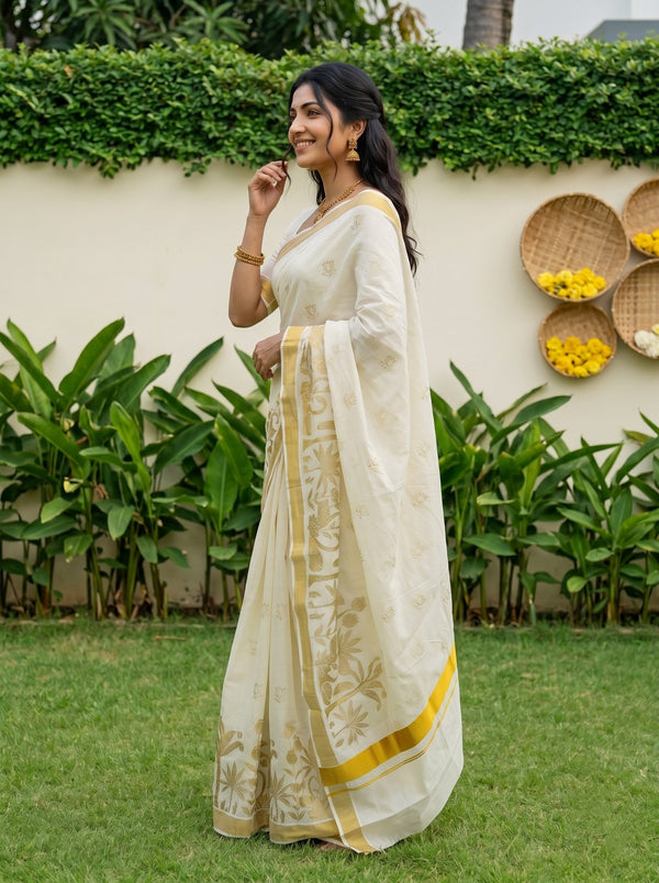 Tissue Cream Golden Lotus Butti Print Onam Special Kerala Saree with Coconut Palm Pallu