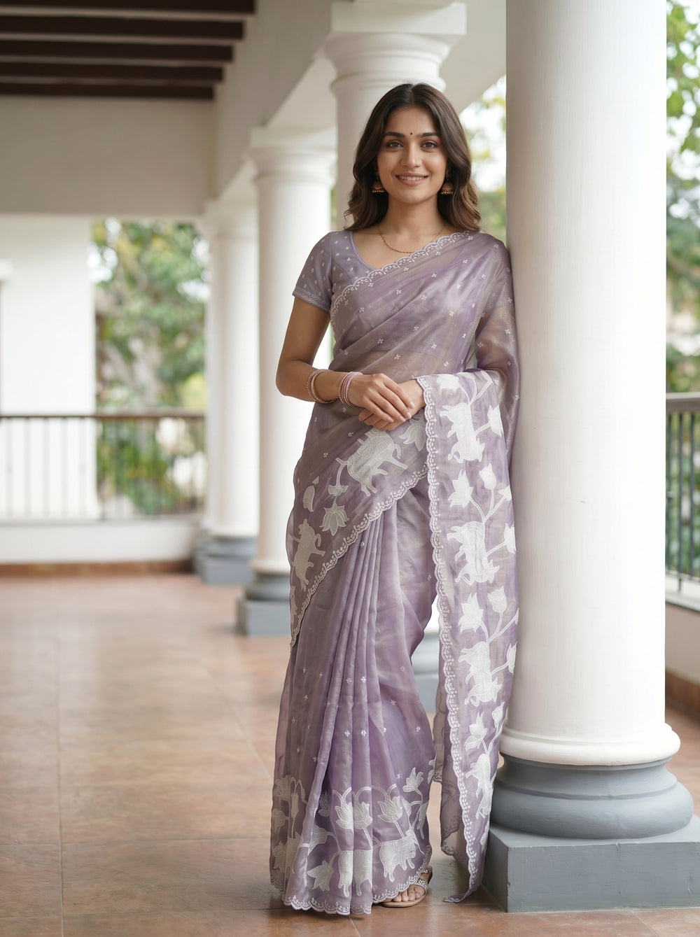 Shimmer Organza Lavender Grey Animal Motif Print Saree with Pearl Scalloped Border