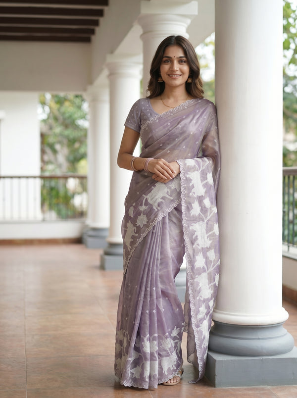 Shimmer Organza Lavender Grey Animal Motif Print Saree with Pearl Scalloped Border