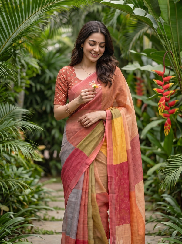 Cotton Multicolor Patchwork Color Block Saree
