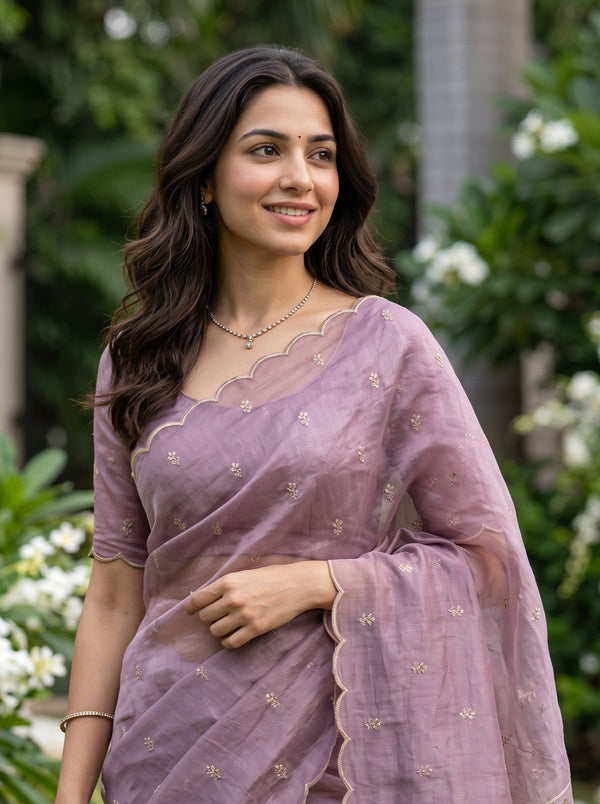 Organza Lilac Mauve Golden Rose Applique Vine Pallu Scalloped Edge Saree