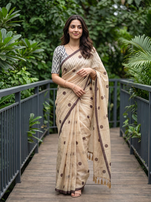 Cotton Saree in Beige with Brown Polka Dot Pattern
