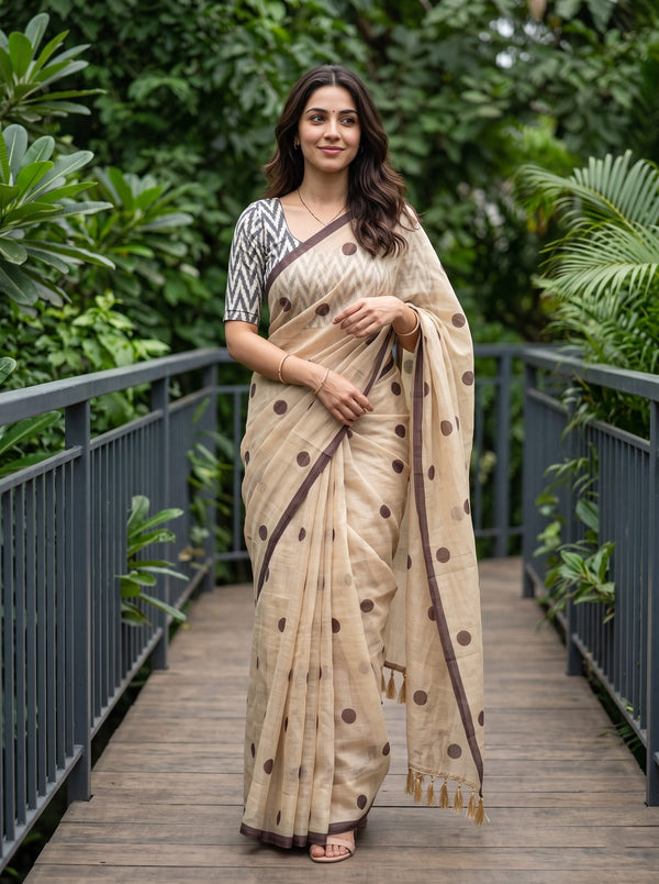 Cotton Saree in Beige with Brown Polka Dot Pattern
