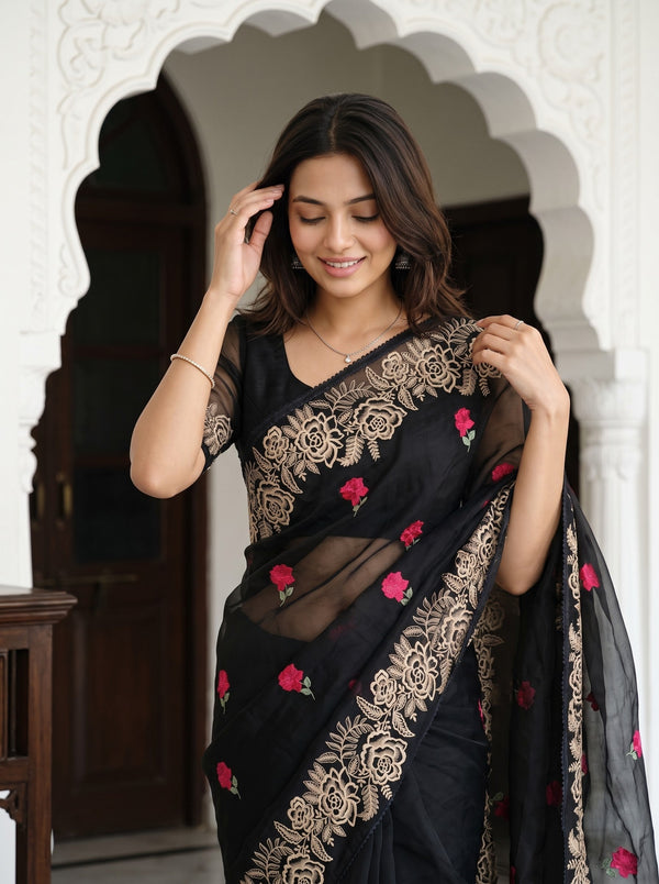 Organza Black Red Rose Embroidered Saree