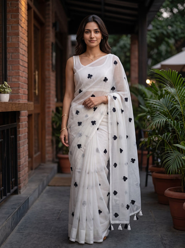 Mul Chanderi White Black Playing Card Suit Spade Club Print Saree