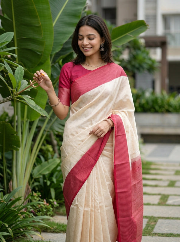 Kanjivaram Silk Off-White Saree with Red Contrast Border & Zari Motif