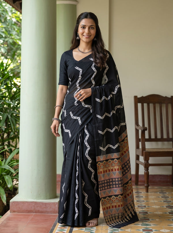 Cotton Black Saree with Multicolor Traditional Motif Printed Pallu