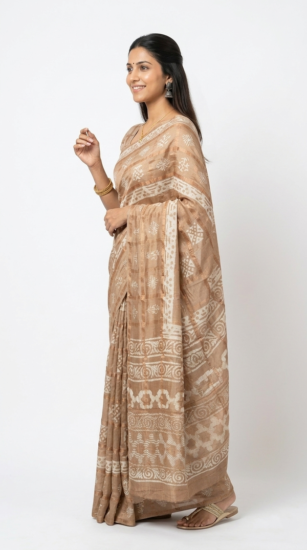 Cotton Beige Brown Abstract Printed Saree