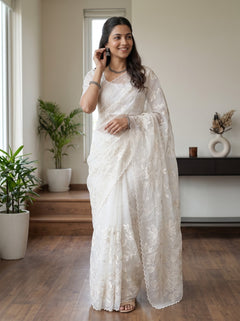 Organza White Self-Tone Floral Embroidery Saree
