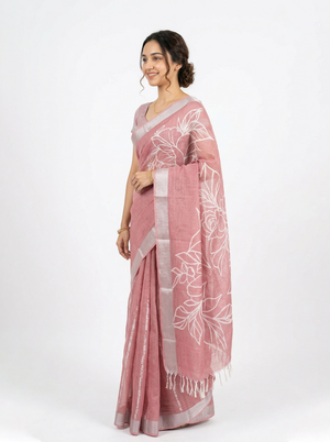 Semi Linen Dusty Pink Floral Print Saree with Silver Zari Border