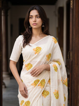 Cotton Cream Leaf Berry Print Saree