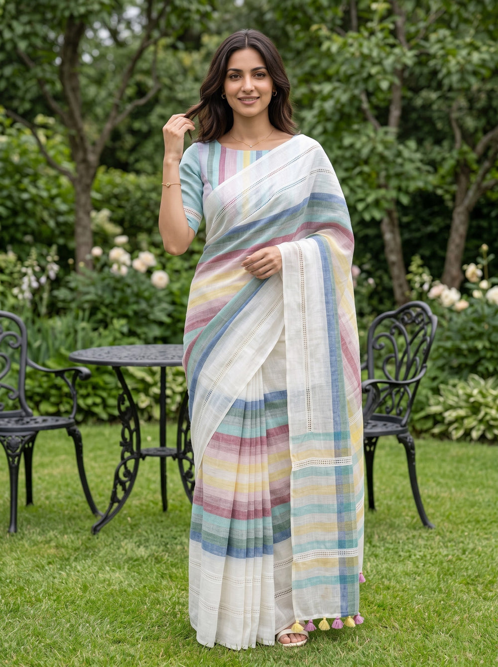 Linen Cream Saree with Multicolor Checked Pallu & Tassels