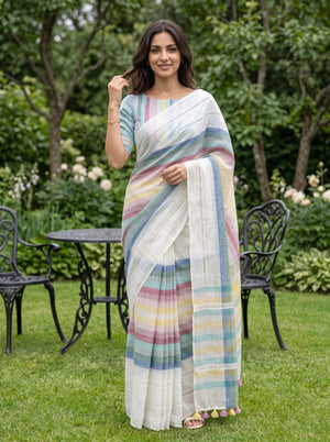 Linen Cream Saree with Multicolor Checked Pallu & Tassels