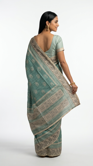Cotton Sea Green Elephant Embroidery Saree